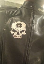 Yamaha skull patch on a leather jacket