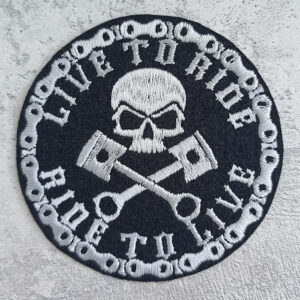 Live To Ride Ride To Live, skull with pistons and motorcycle chain patch