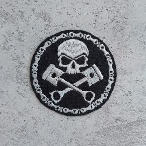 Skull with pistons and motorcycle chain patch