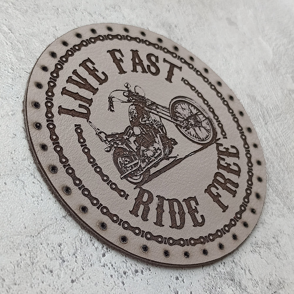 Live fast Ride free, chopper with a motorcycle chain, leather patch Live fast Ride free, chopper with a motorcycle chain, leather patch