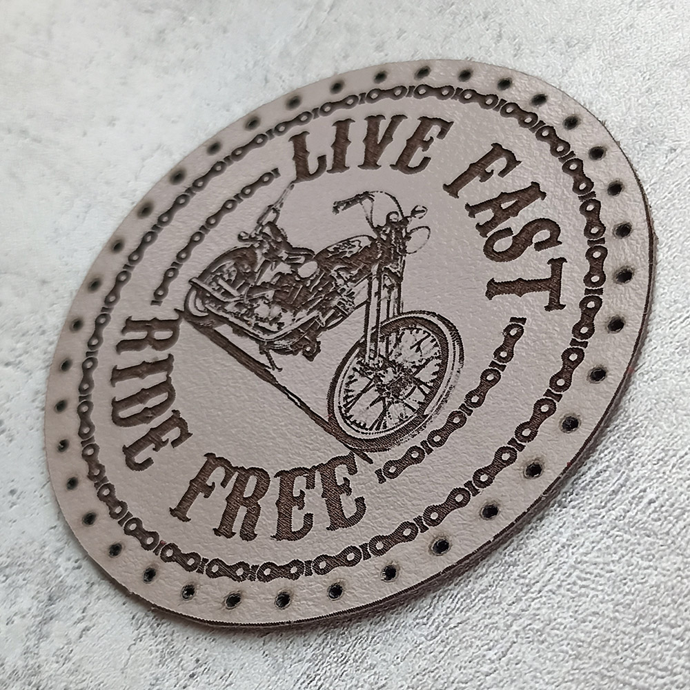 Live fast Ride free, chopper with a motorcycle chain, leather patch Live fast Ride free, chopper with a motorcycle chain, leather patch