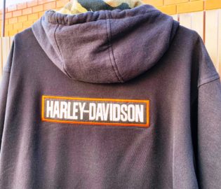 Harley-Davidson lettering on the back of the jacket