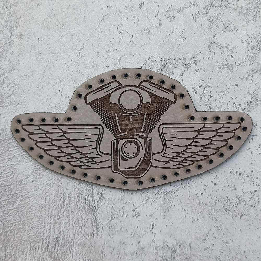 V-twin engine with wings leather patch V-twin engine with wings leather patch