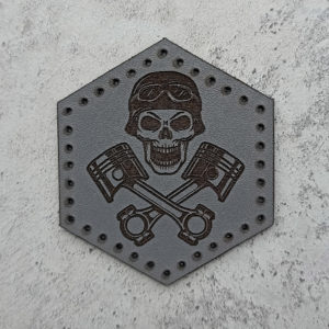Skull in a helmet with pistons leather patch