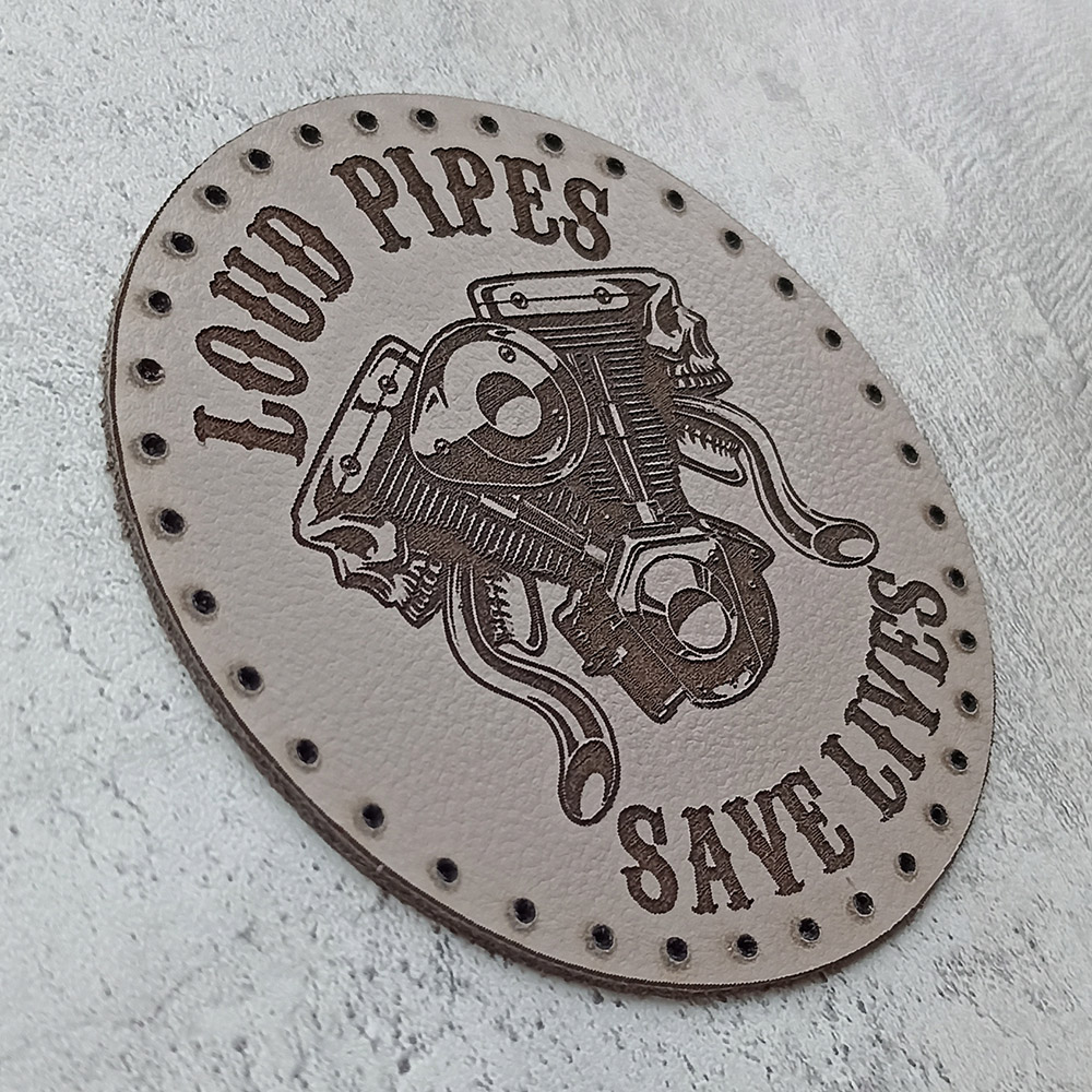 Loud Pipes Save Lives, V-twin with skulls, leather patch Loud Pipes Save Lives, V-twin with skulls, leather patch