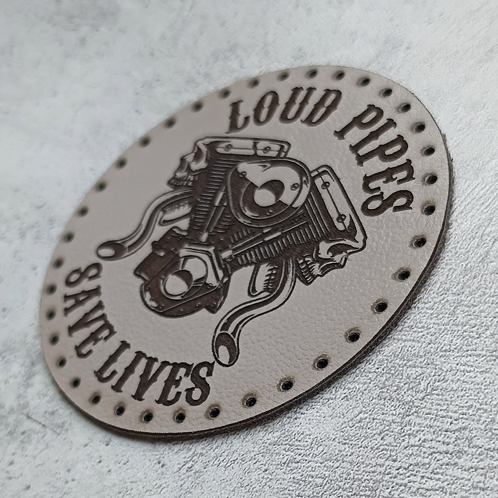 Loud Pipes Save Lives, V-twin with skulls, leather patch Loud Pipes Save Lives, V-twin with skulls, leather patch