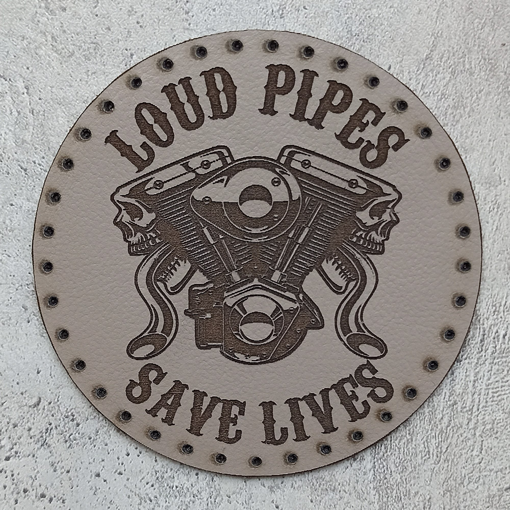 Loud Pipes Save Lives, V-twin with skulls, leather patch Loud Pipes Save Lives, V-twin with skulls, leather patch