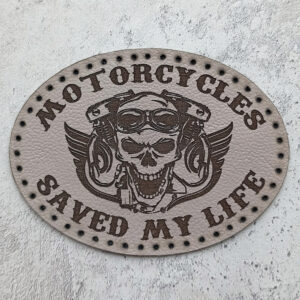 Motorcycles Saved My Life, skull with a V-twin, leather patch