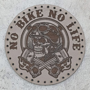 No Bike No Life, skull in a helmet with pistons, leather patch