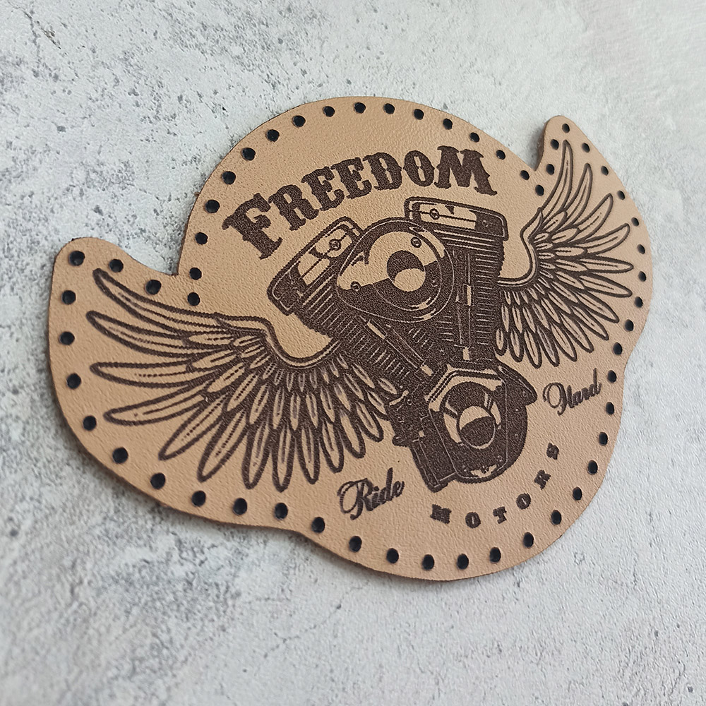 Freedom motors, Ride Hard, V-twin engine with wings, leather patch Freedom motors, Ride Hard, V-twin engine with wings, leather patch