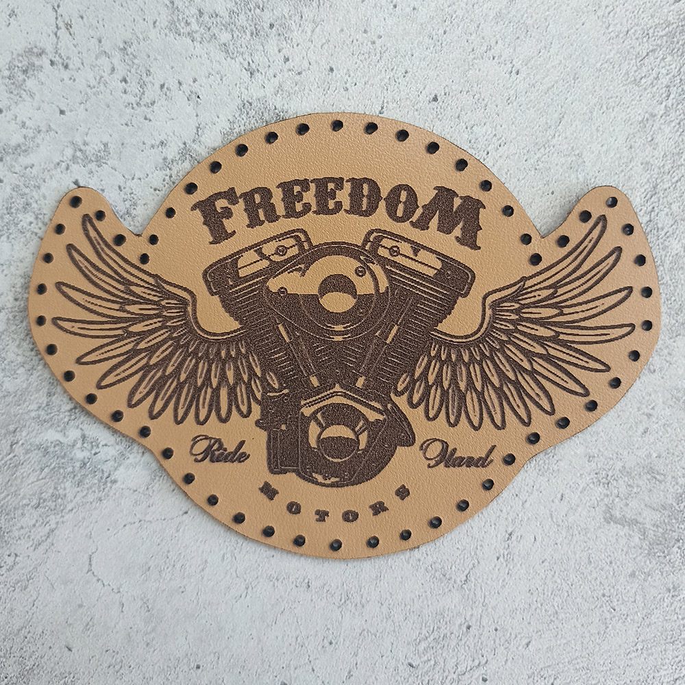 Freedom motors, Ride Hard, V-twin engine with wings, leather patch Freedom motors, Ride Hard, V-twin engine with wings, leather patch