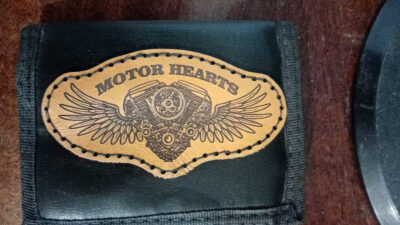 Motor hearts, V-twin heart with wings leather wallet patch